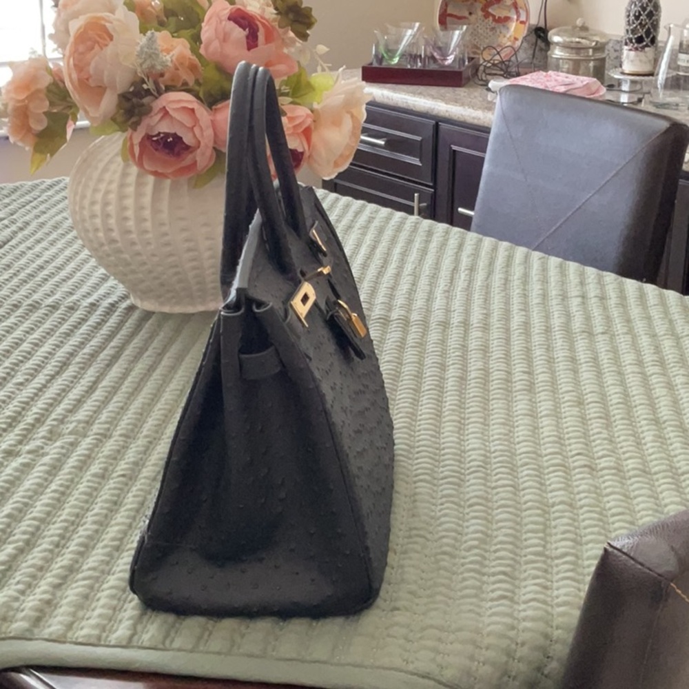 Black Ostrich-Texture Top-Handle Satchel with Gold Hardware - Picture 3 of 3